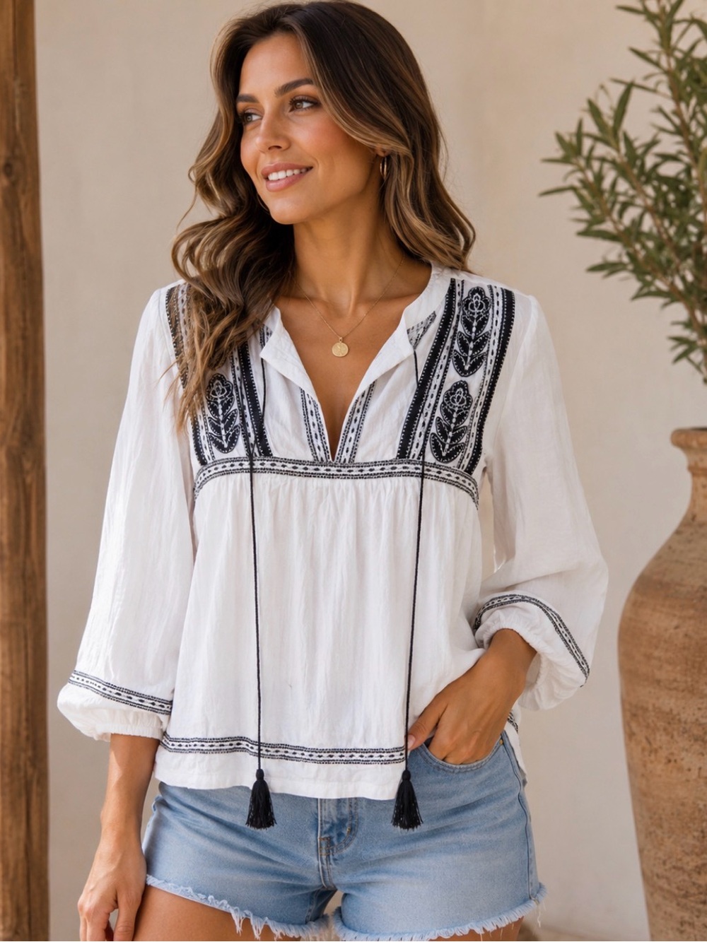 💐🫶Gina Bacconi White Peasant Blouse with Black Embroidery